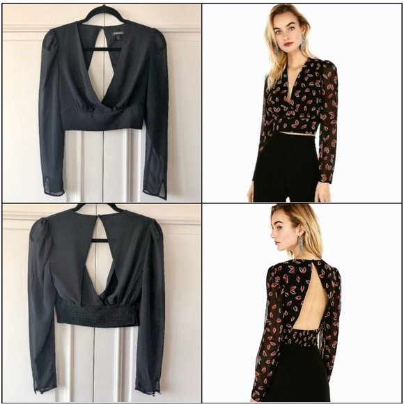Stunning Express Puff-Shoulder V-Front Open-Back Long-Sleeve Crop Blouse XXS - Picture 1 of 16